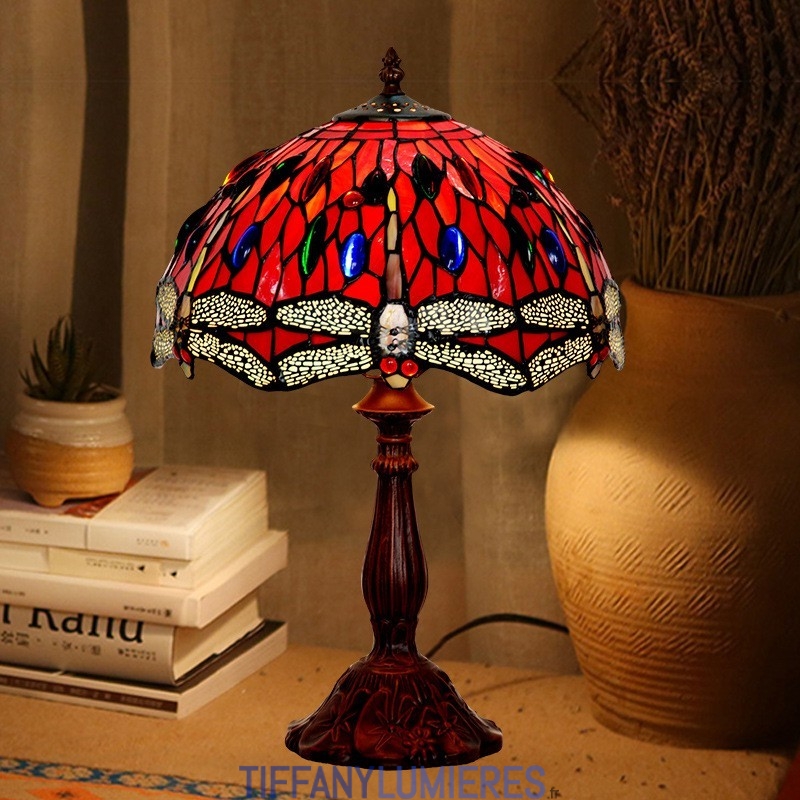 LumiLamp Lampe de table Tiffany 25x25x42 cm Vert Rouge Polyrésine Verre  Libellule